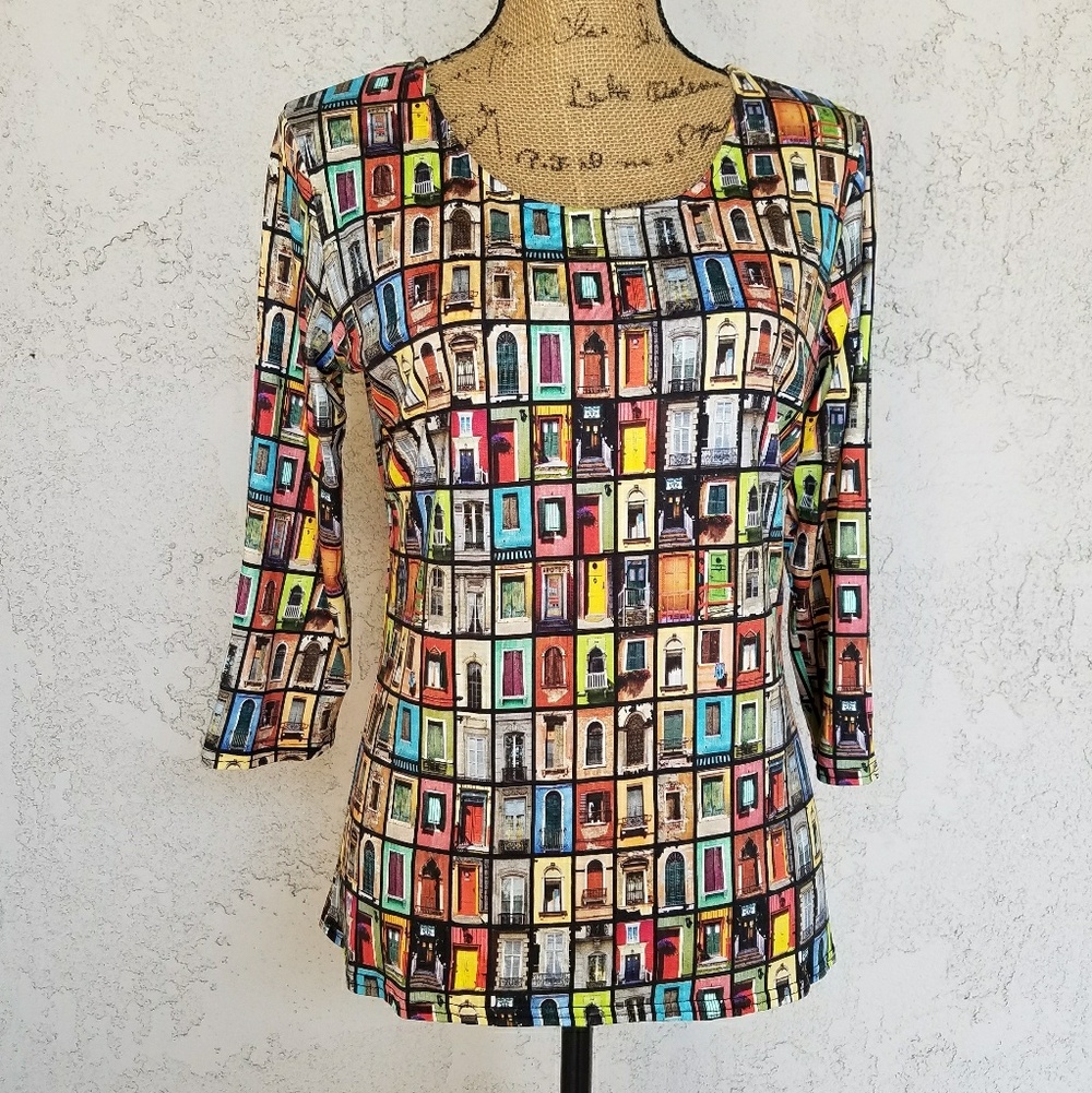 'Windows' graphic Print top  3/4 Length Sleeves Peck & Peck Led Zep LP Cover?